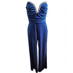 Lulus Fabulous Instinct Dark Blue Velvet Pearl Strapless Jumpsuit Size S